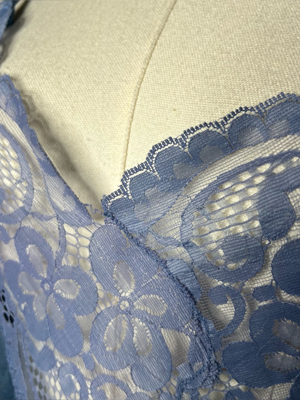 60s Vintage Cornflower Blue Lace Slip Maxi Nightgown Union Made Coquette - Picture 6 of 10